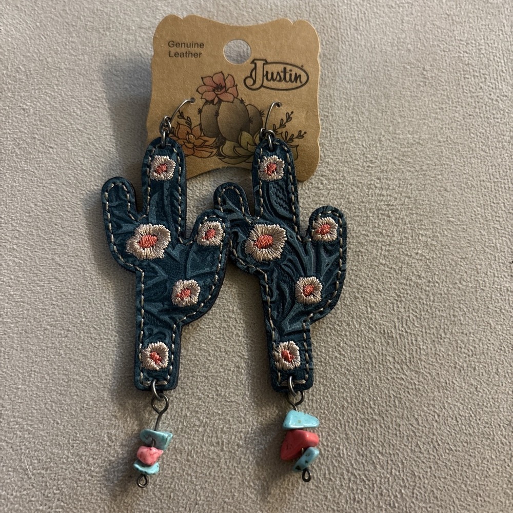 Justin Boots Genuine Leather Cactus Earrings Turquoise Embroidered Western‎ NWT